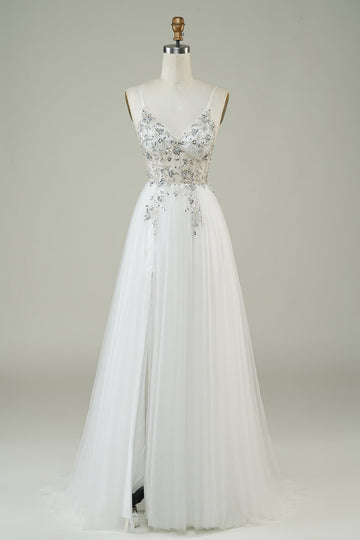 Precioso A Line Spaghetti Straps White Tulle Long Wedding Dress con abalorios